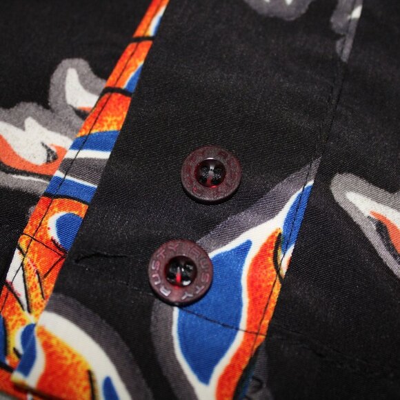 Rusty Surf Flamed Hibiscus Black Button Up Short Sleeve Shirt Mens XL All Over - Picture 8 of 9